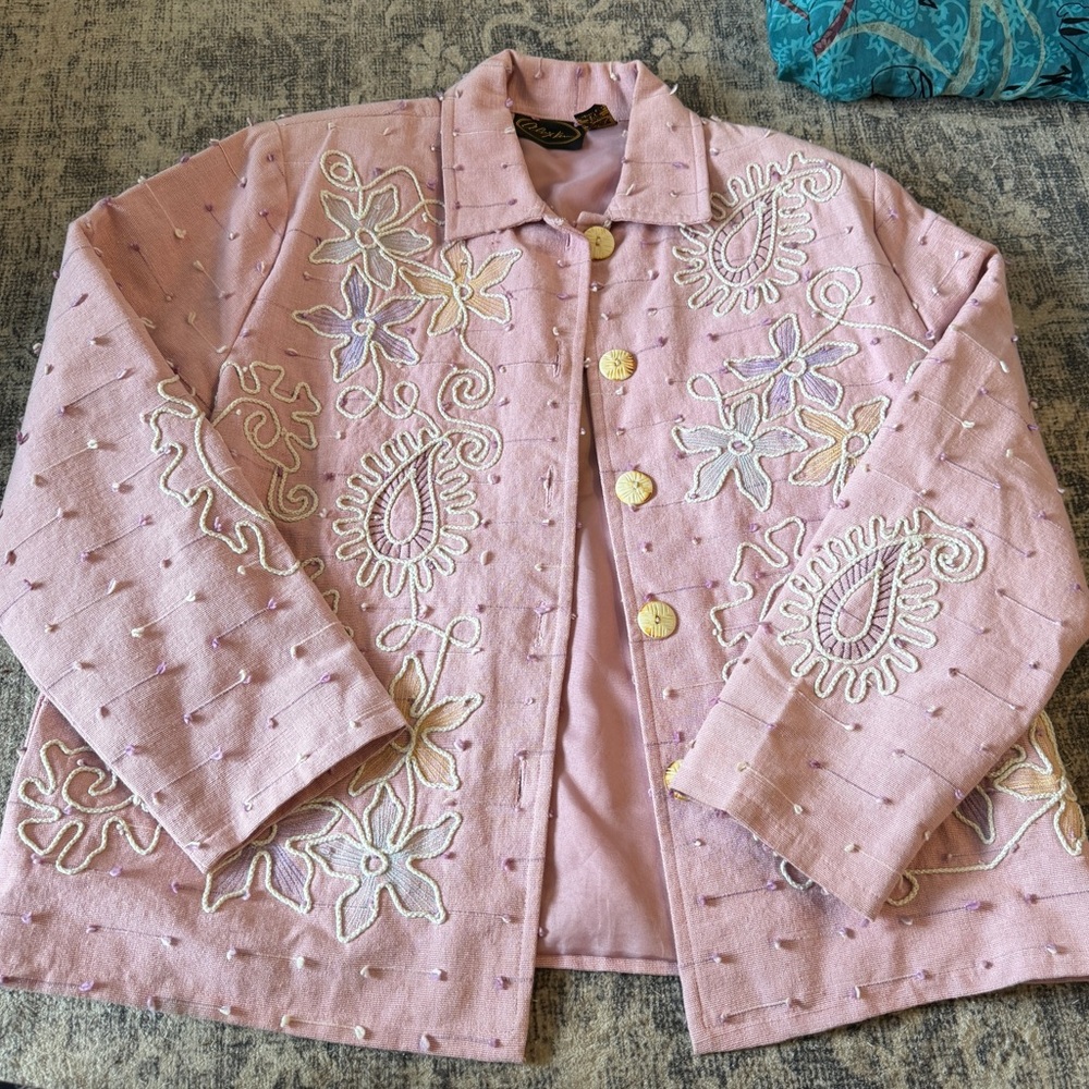 Vintage 90s Cottagecore Alex Kim Embroidered Pink Artisan Floral Jacket Large - Picture 3 of 8